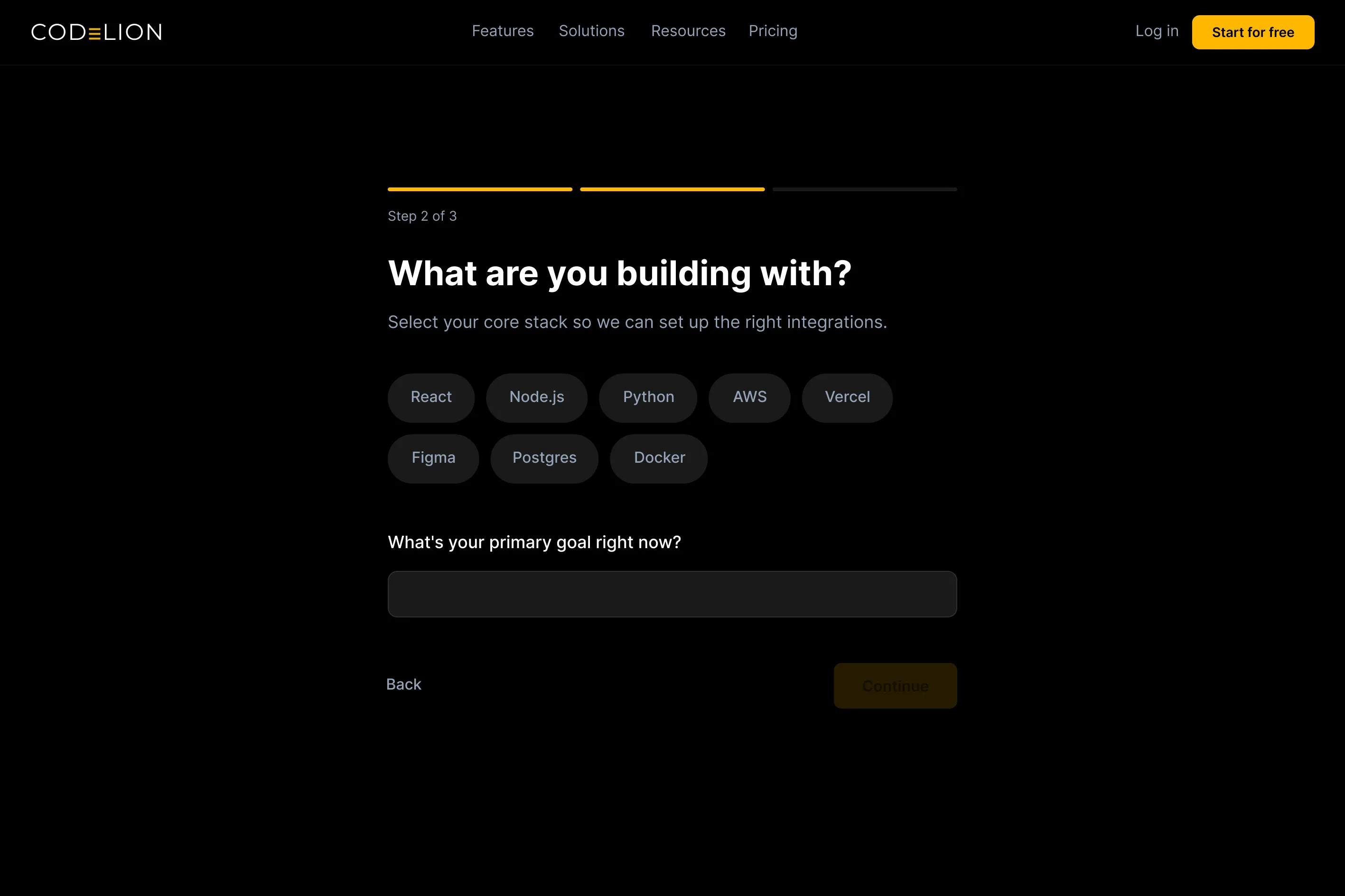 Screen 4, Tech stack selection