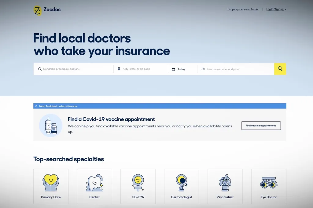 Zocdoc search results with dental practice cards and booking options