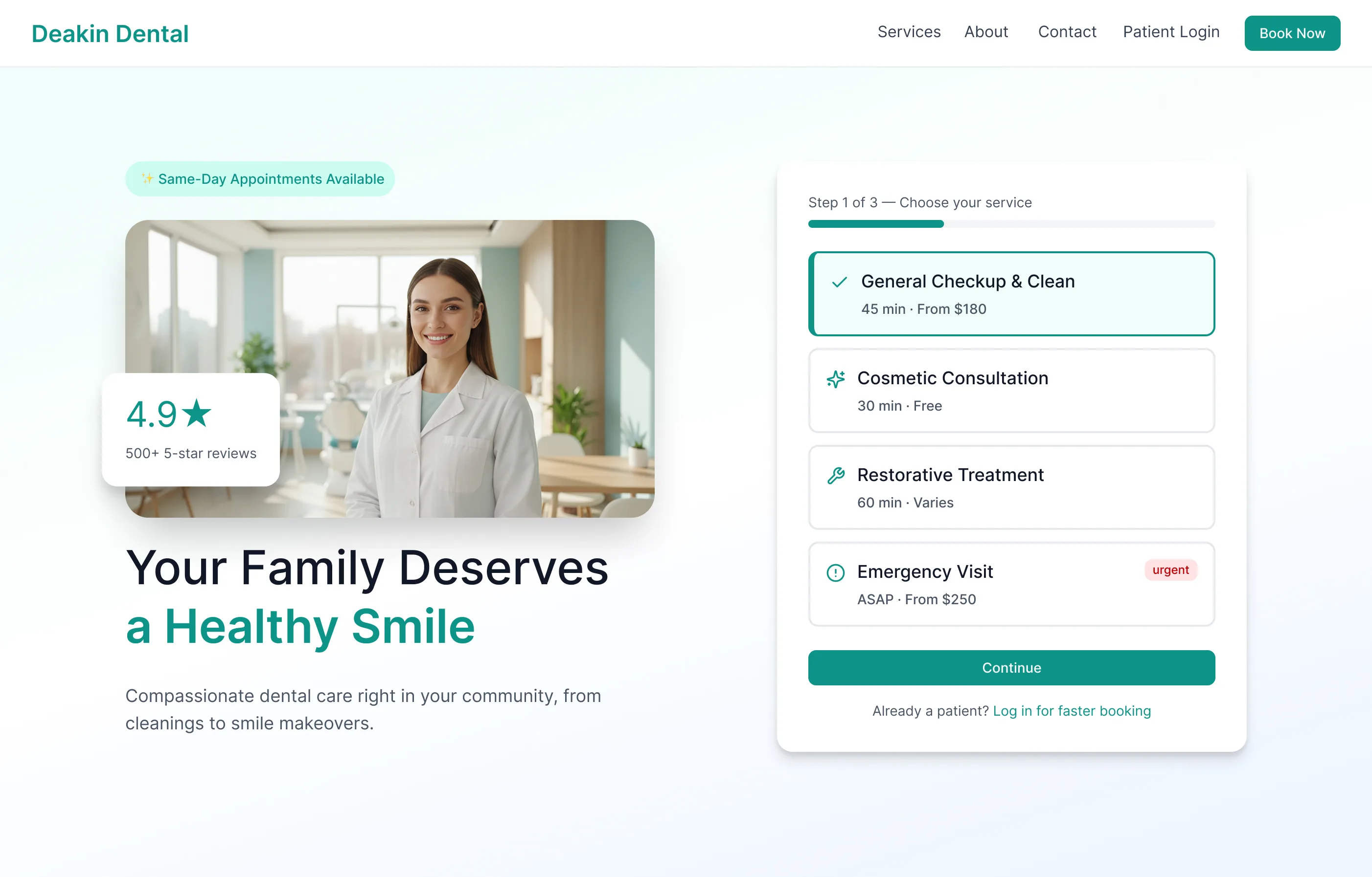 Deakin Dental patient dashboard with the next appointment, quick actions and a checkup nudge