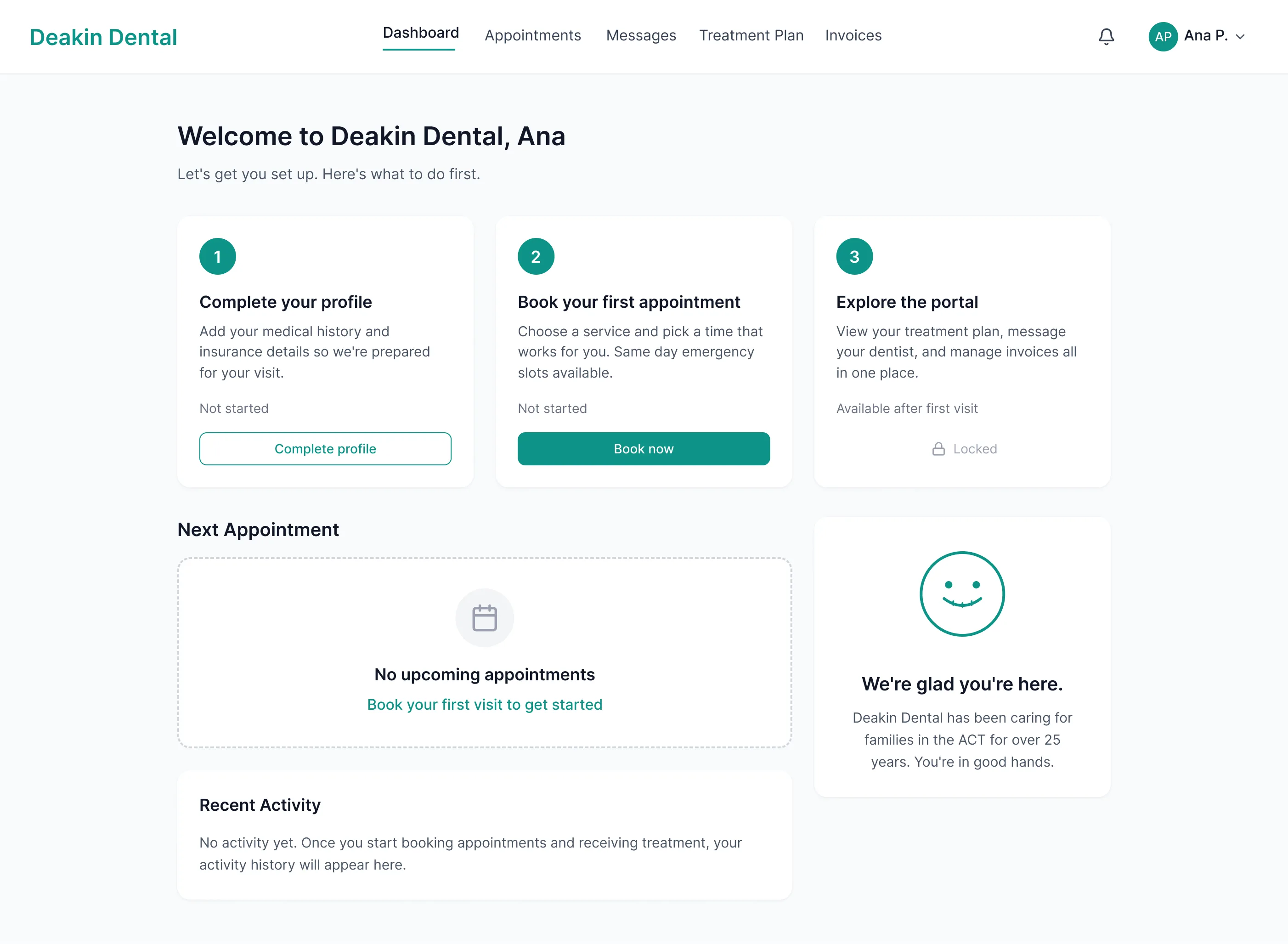 Deakin Dental first time onboarding with a three step checklist for profile, booking and exploring
