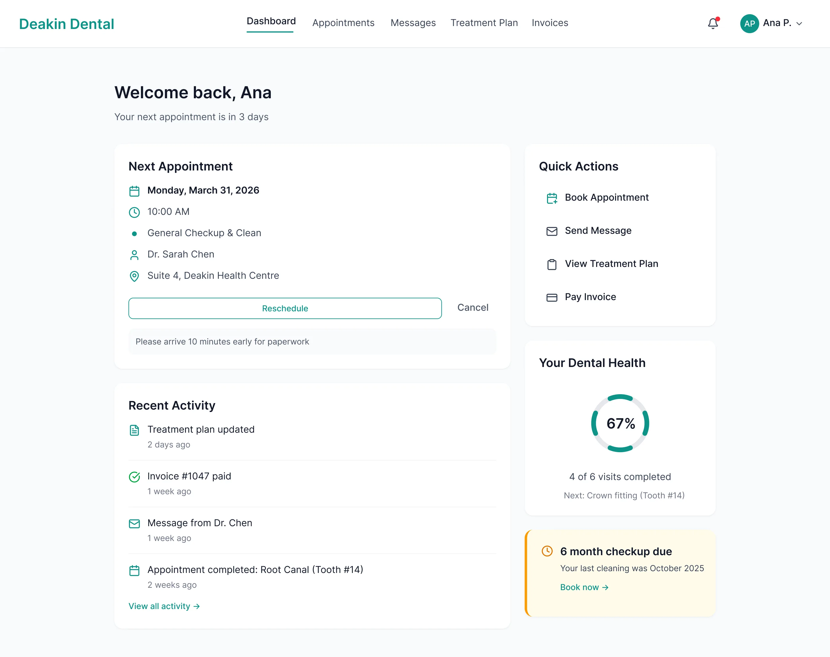 Deakin Dental patient dashboard with next appointment, quick actions and a checkup nudge