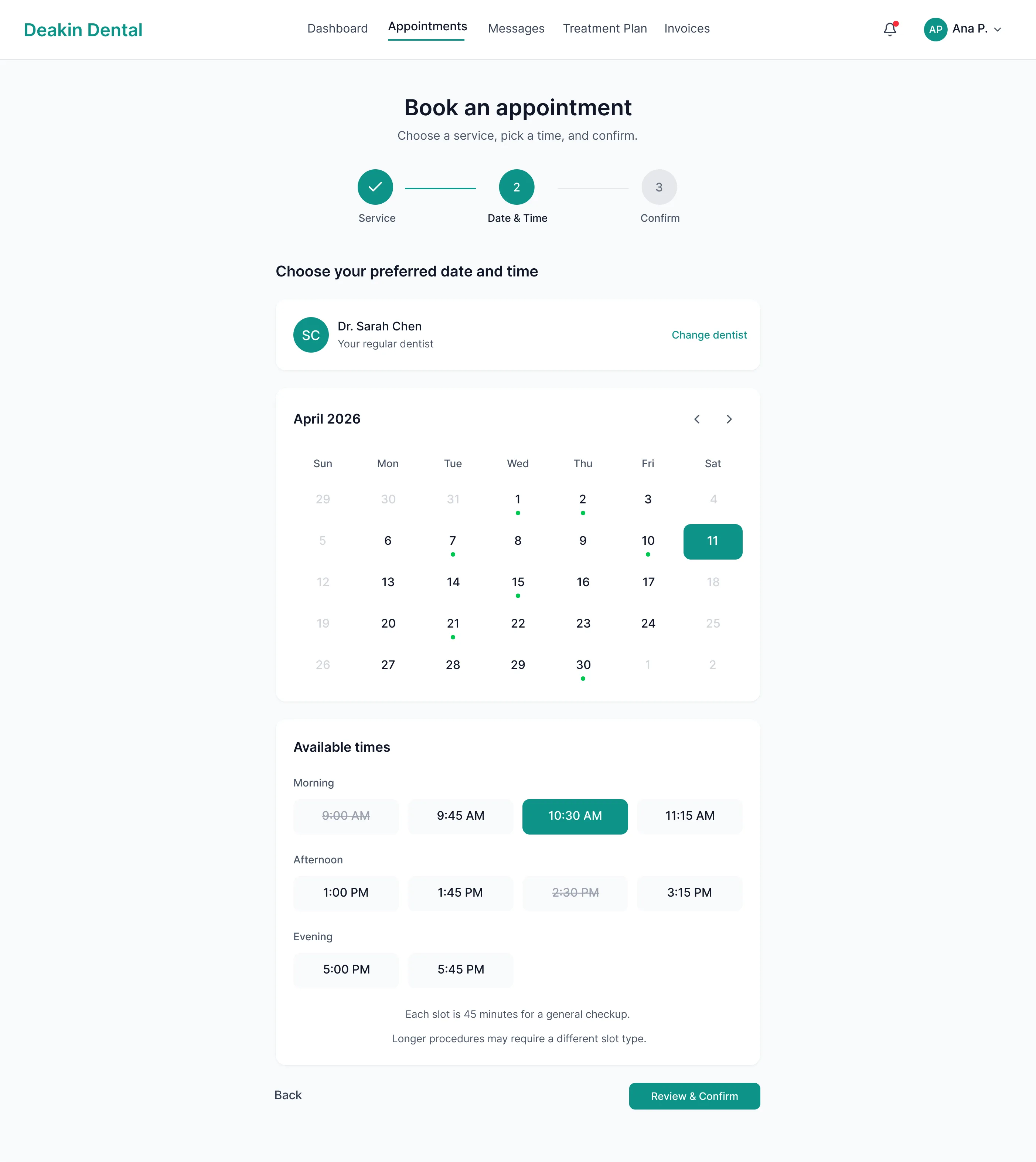Deakin Dental date and time picker with availability in morning, afternoon and evening