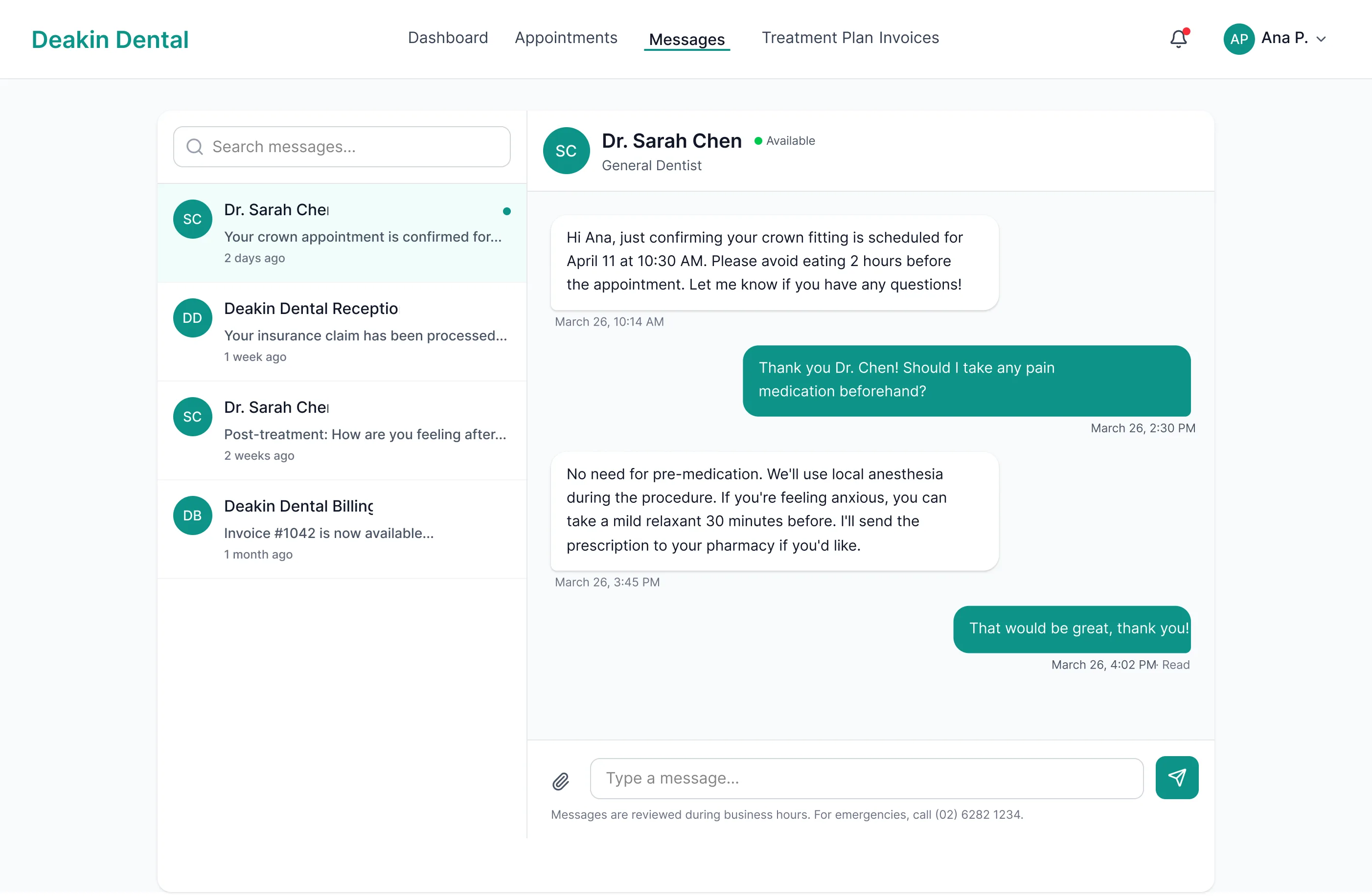 Deakin Dental messages screen with a threaded inbox beside an open conversation