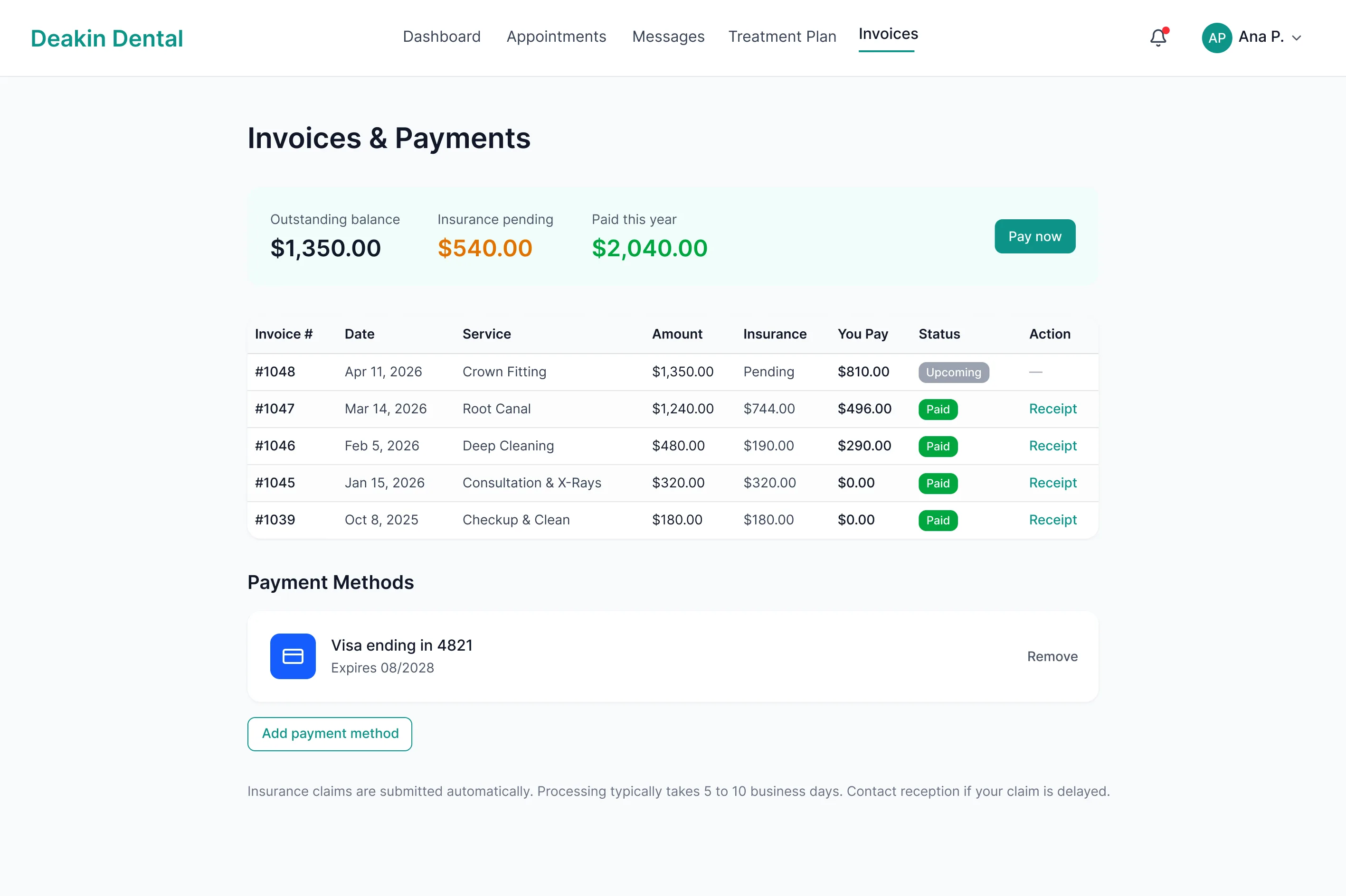 Deakin Dental invoices screen with an itemised table, status badges and one click payment