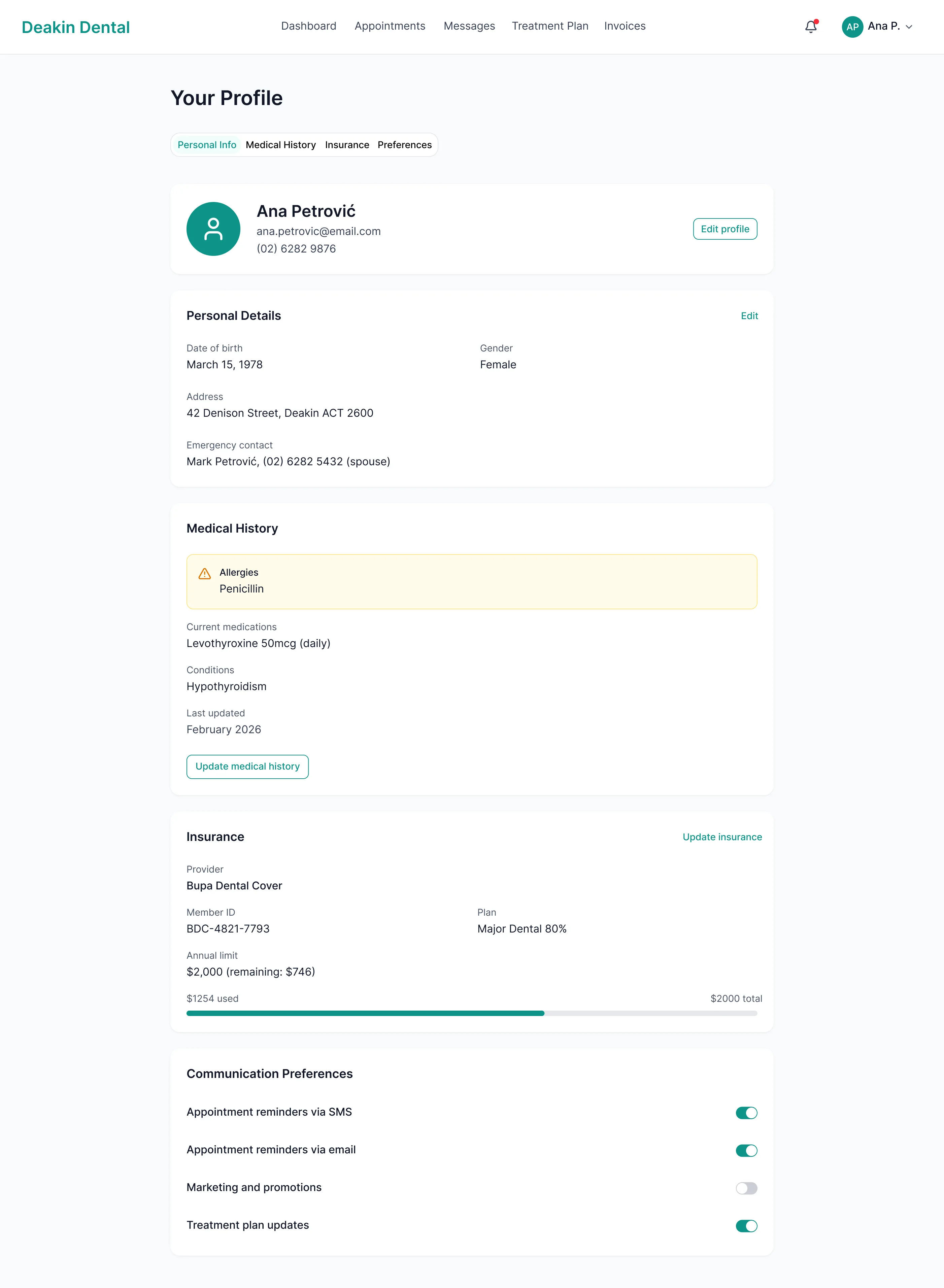 Deakin Dental patient profile with a penicillin allergy flagged in amber and separate tabs