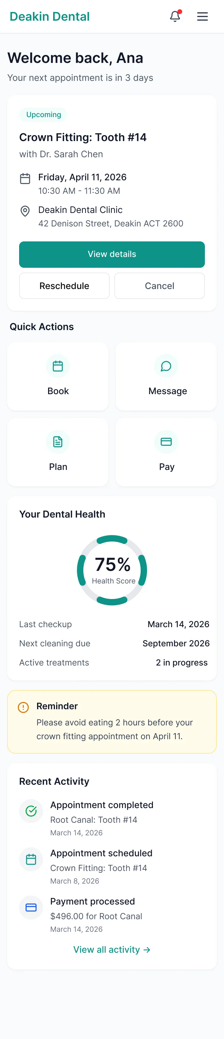 Deakin Dental mobile dashboard with the next appointment and book, message, plan and pay actions