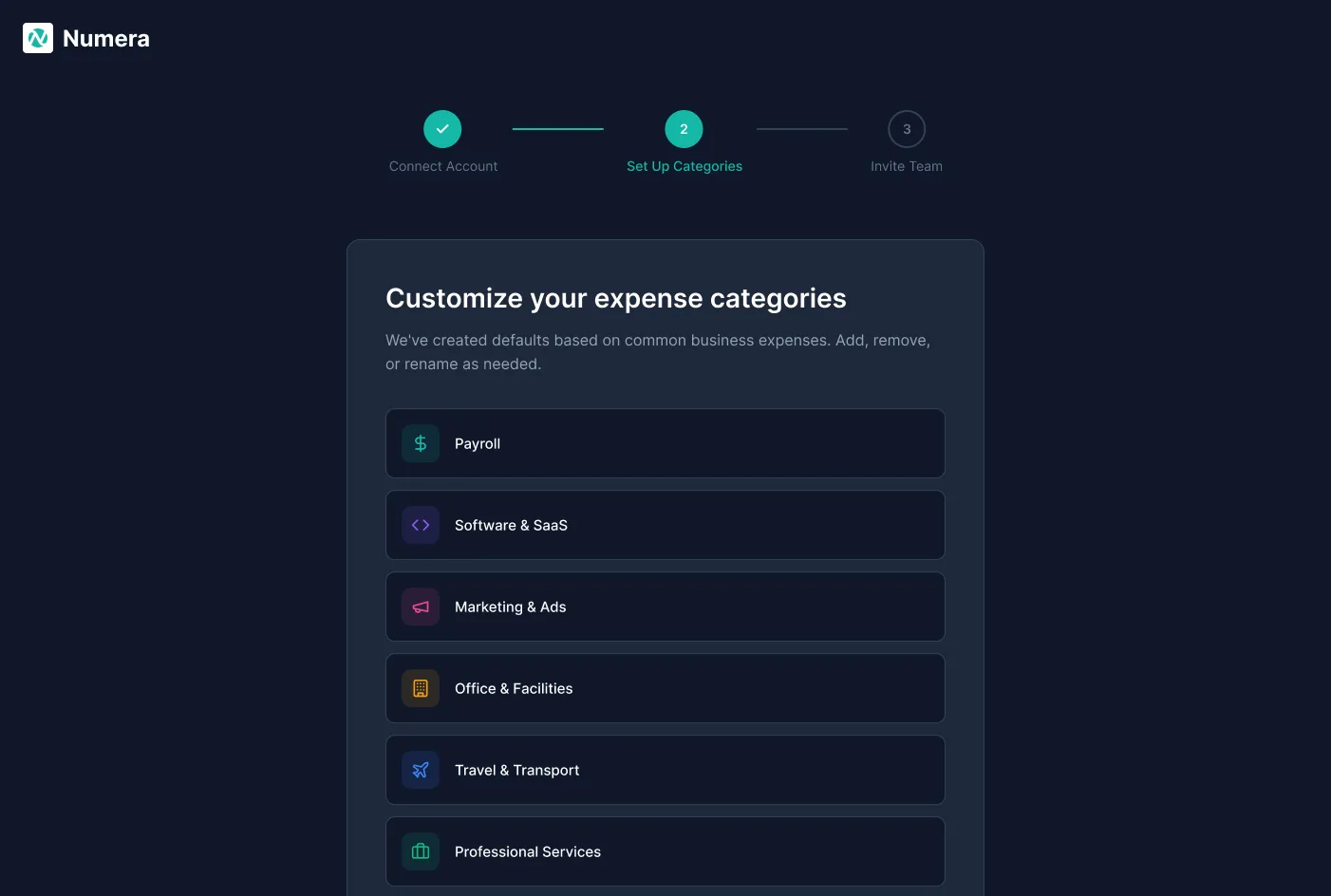 Numera onboarding screen for setting up expense categories
