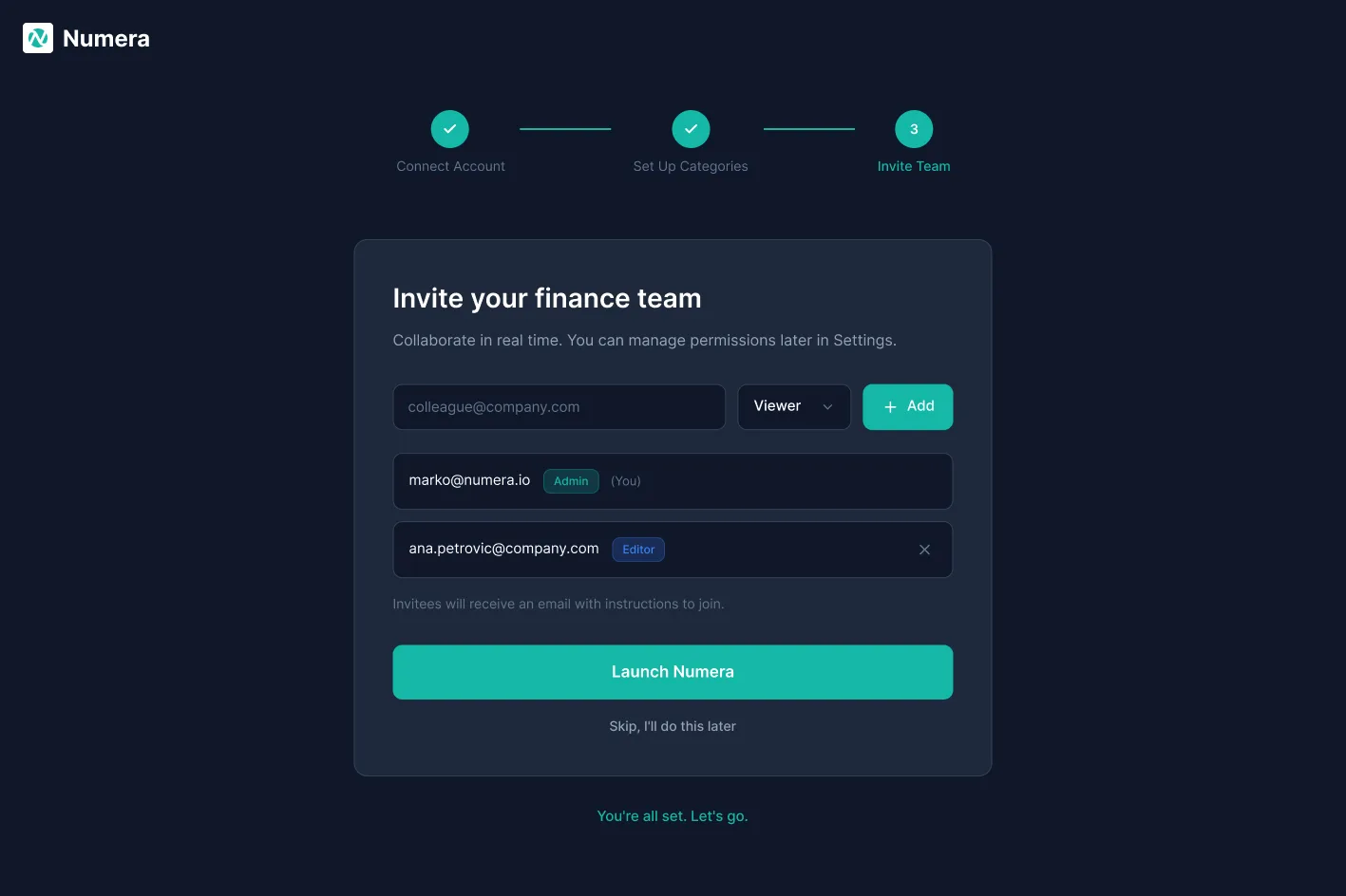 Numera onboarding screen for inviting the team