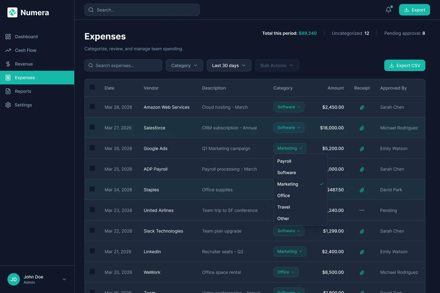 Numera expenses screen with an inline category dropdown