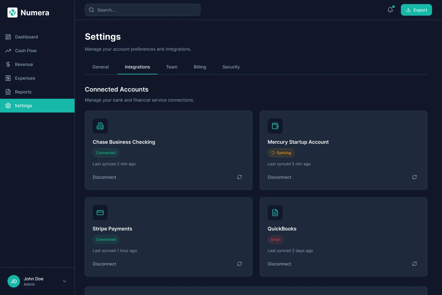 Numera settings screen showing connected accounts