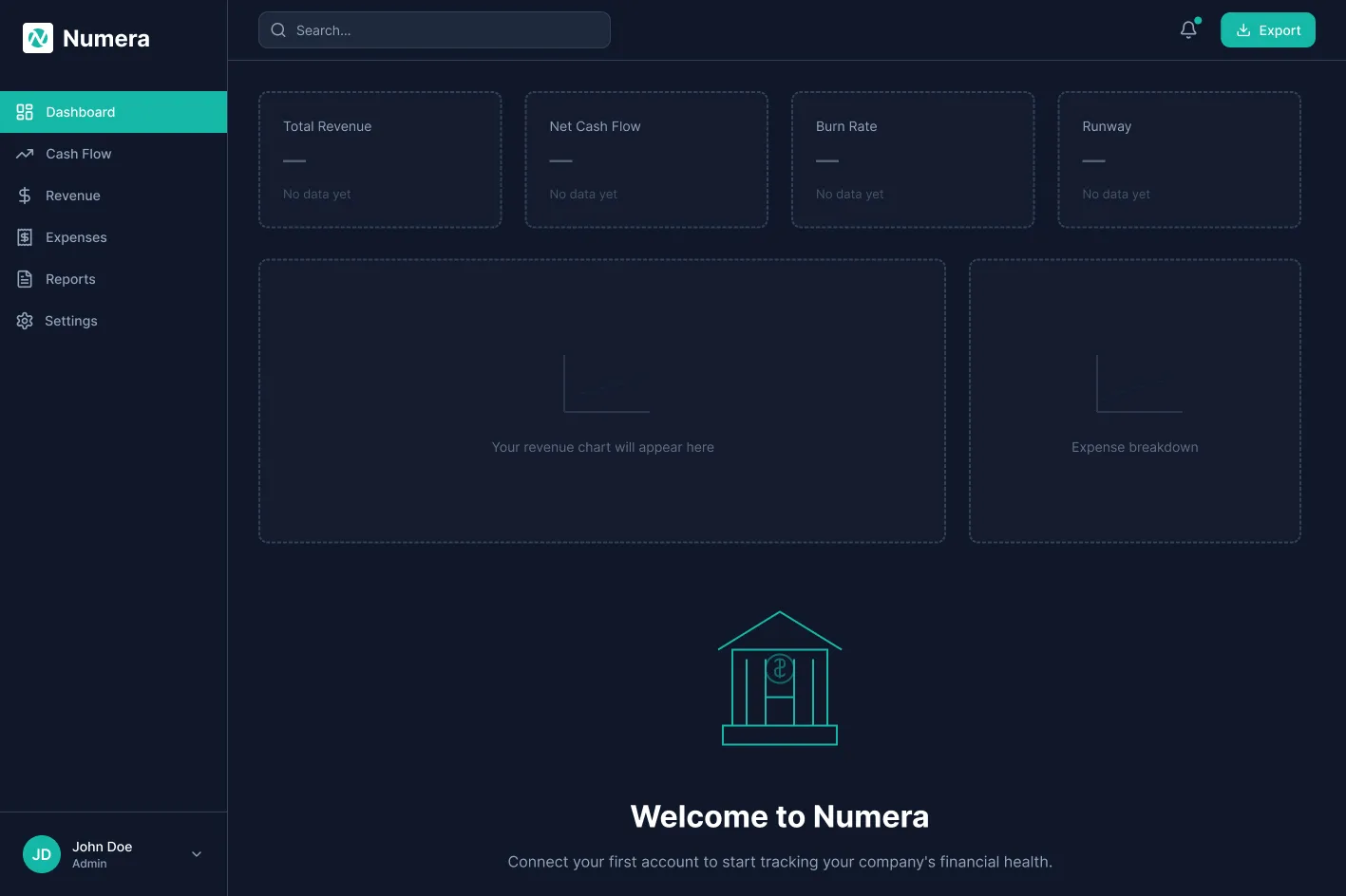 Numera empty state screen with no connected bank