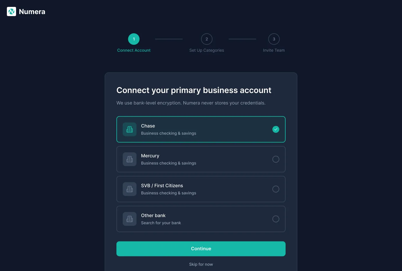 Numera onboarding screen for connecting a bank account