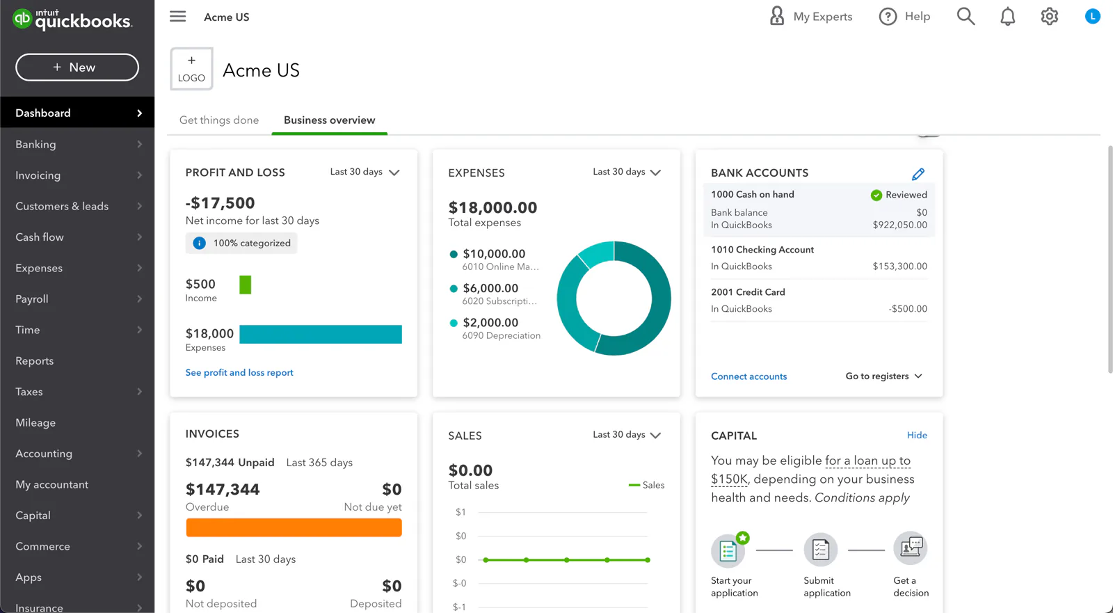 QuickBooks dashboard screenshot