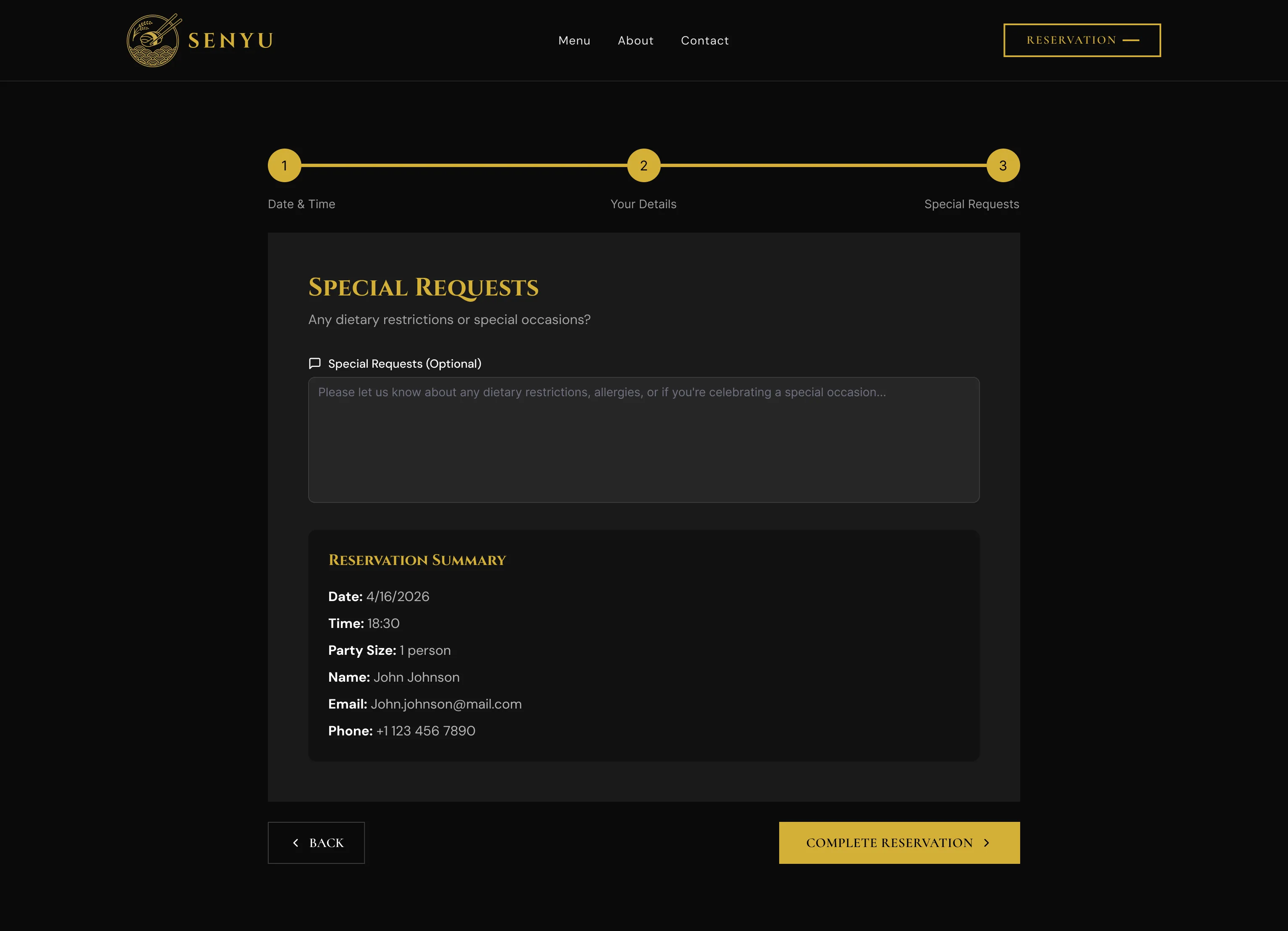 Screen 8, Reservation step 3, special requests