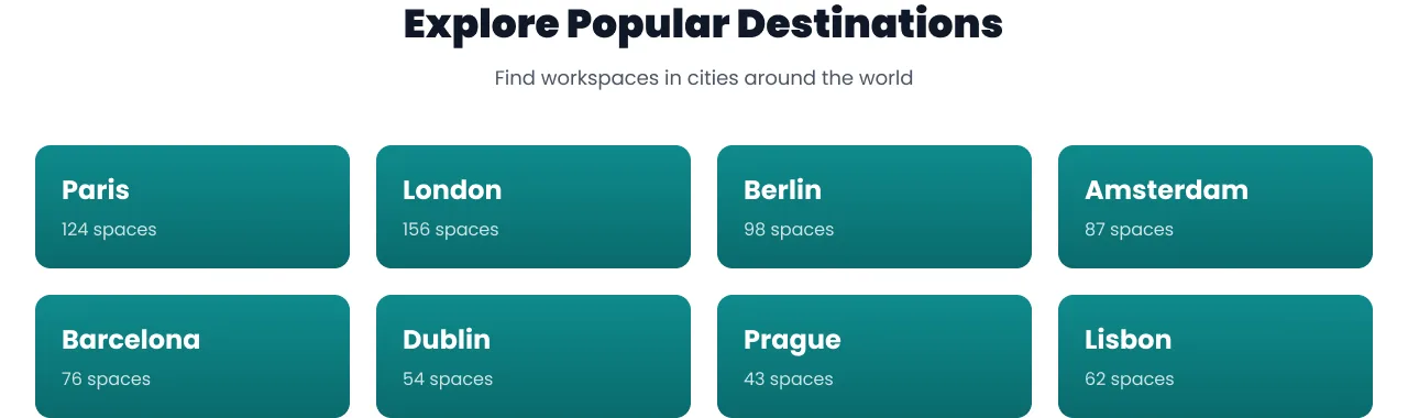 Twimyo destinations grid showing eight European cities with available space counts