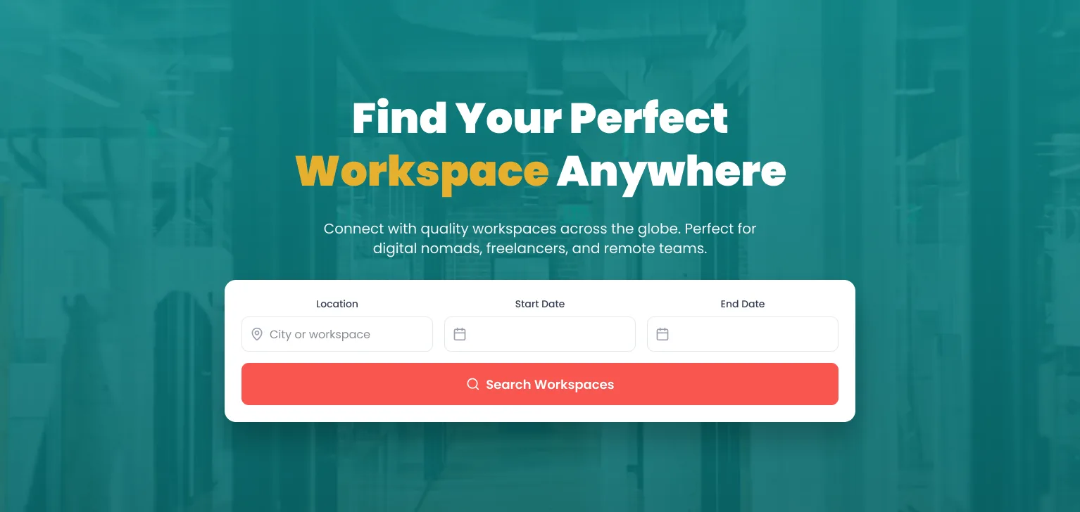 Twimyo hero section with location, start date, and end date search fields above the fold